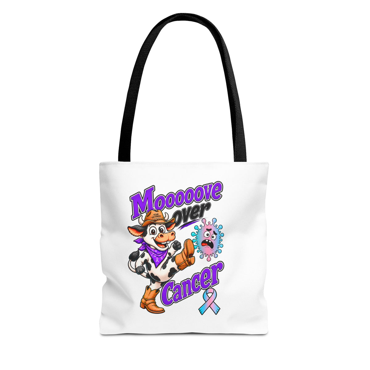 Moooove Over Cancer polyester tote with cow artwork and Thyroid Cancer awareness ribbon