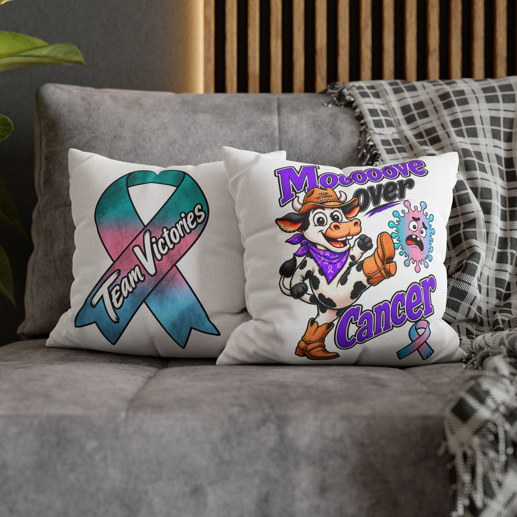 Moooove Over Cancer pillow cover detail showing concealed zipper and metal pull