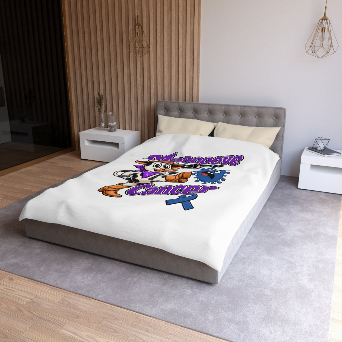 Moooove Over Cancer duvet cover styled on a bed in a modern bedroom