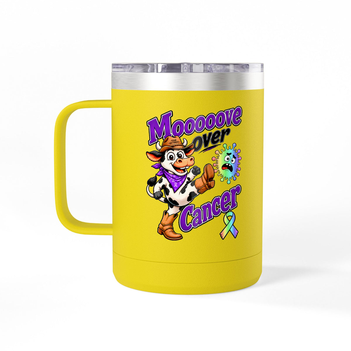 Yellow Moooove Over Cancer mug with cow artwork and all-cancer awareness ribbon