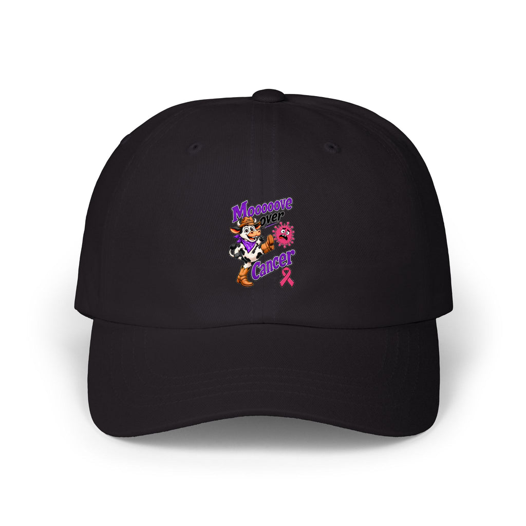 Black Moooove Over Cancer dad cap with Breast Cancer awareness ribbon artwork