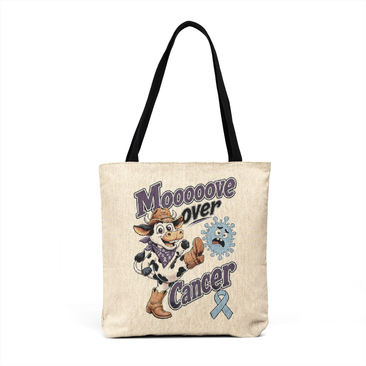 Moooove Over Cancer cow tote with black straps, woven texture, and blue ribbon artwork