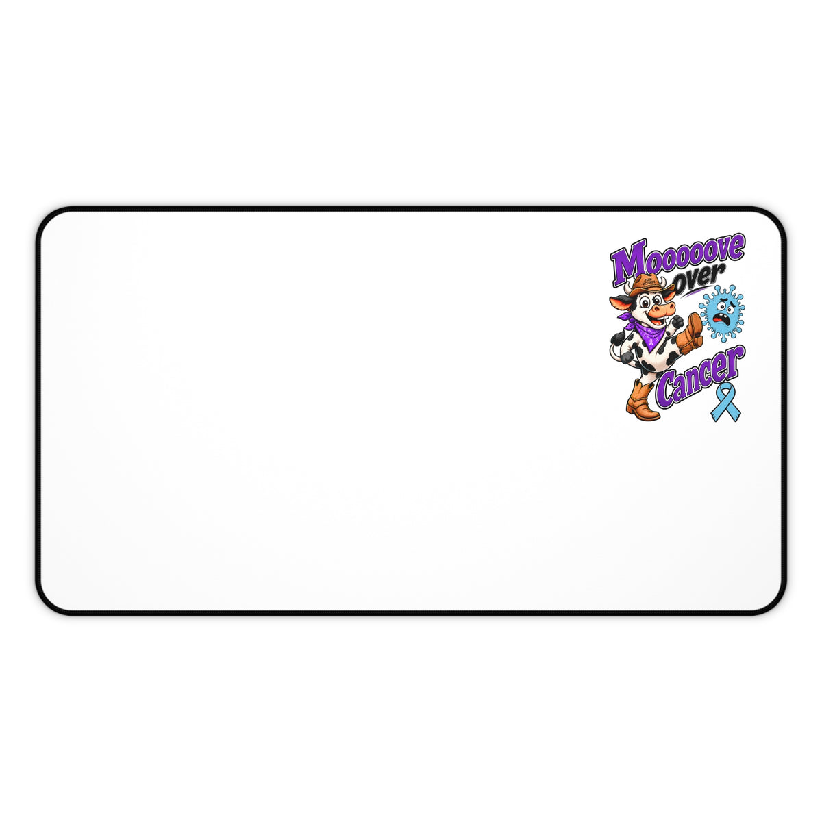 Moooove Over Cancer Prostate Cancer awareness ribbon desk mat in wide format