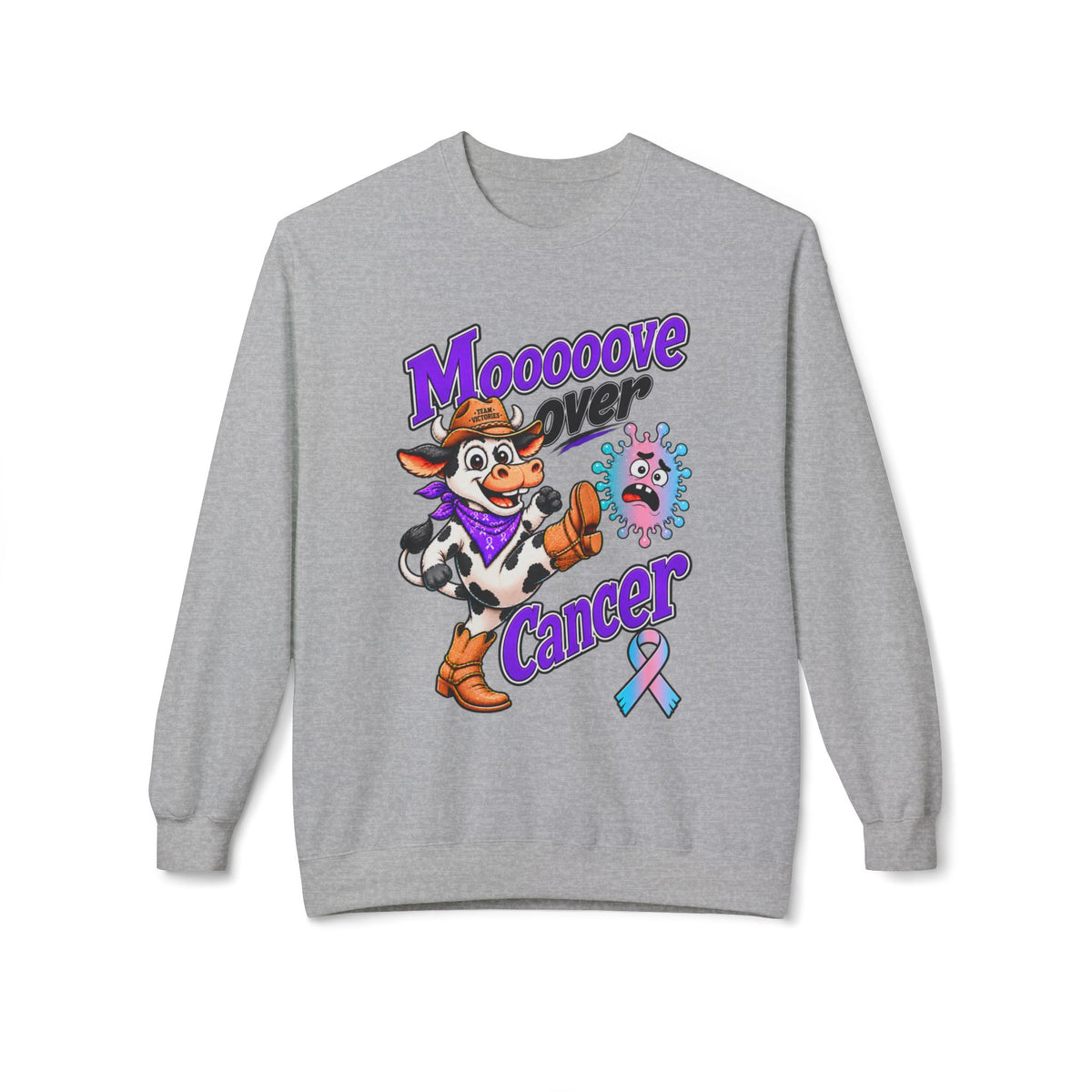 Back view of Moooove Over Cancer white crewneck sweatshirt with plain back