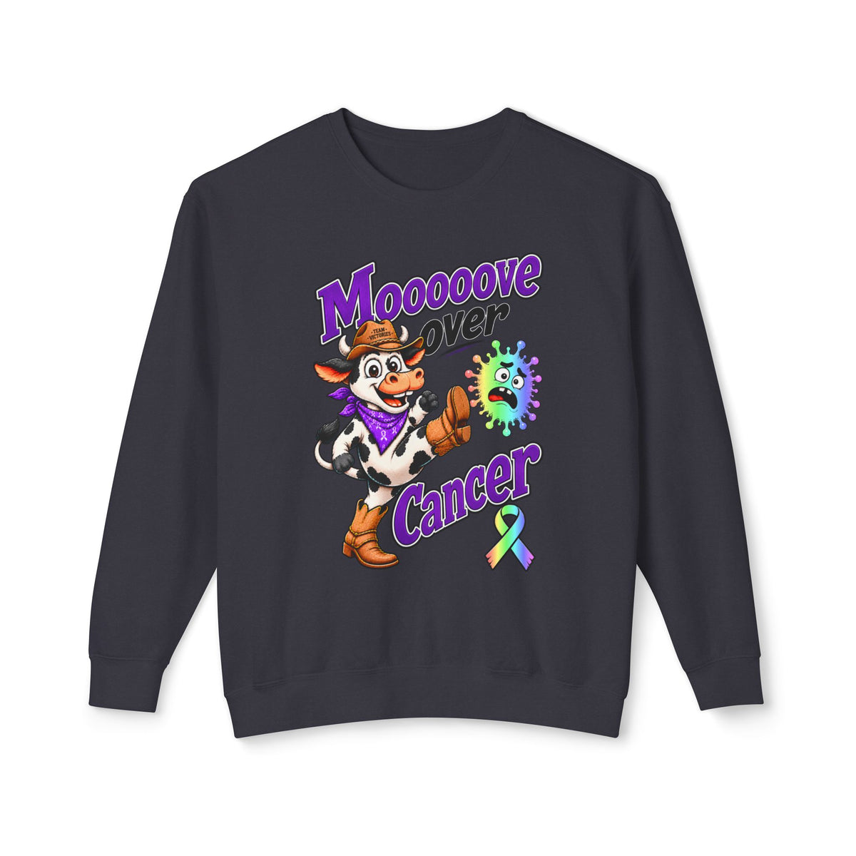 Moooove Over Cancer black crewneck sweatshirt with colorful cow design and all-cancer awareness ribbon
