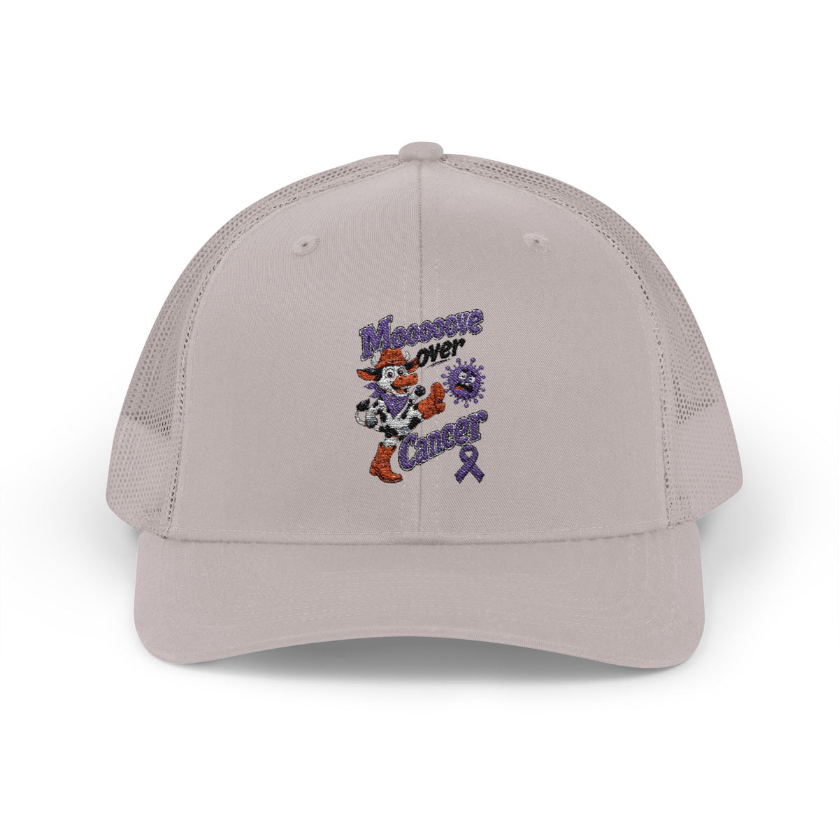 Red Moooove Over Cancer embroidered trucker hat with Colon Cancer awareness design