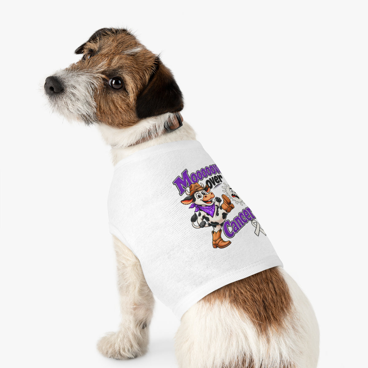 Gray Moooove Over Cancer tank on a seated dog with Lung Cancer awareness ribbon