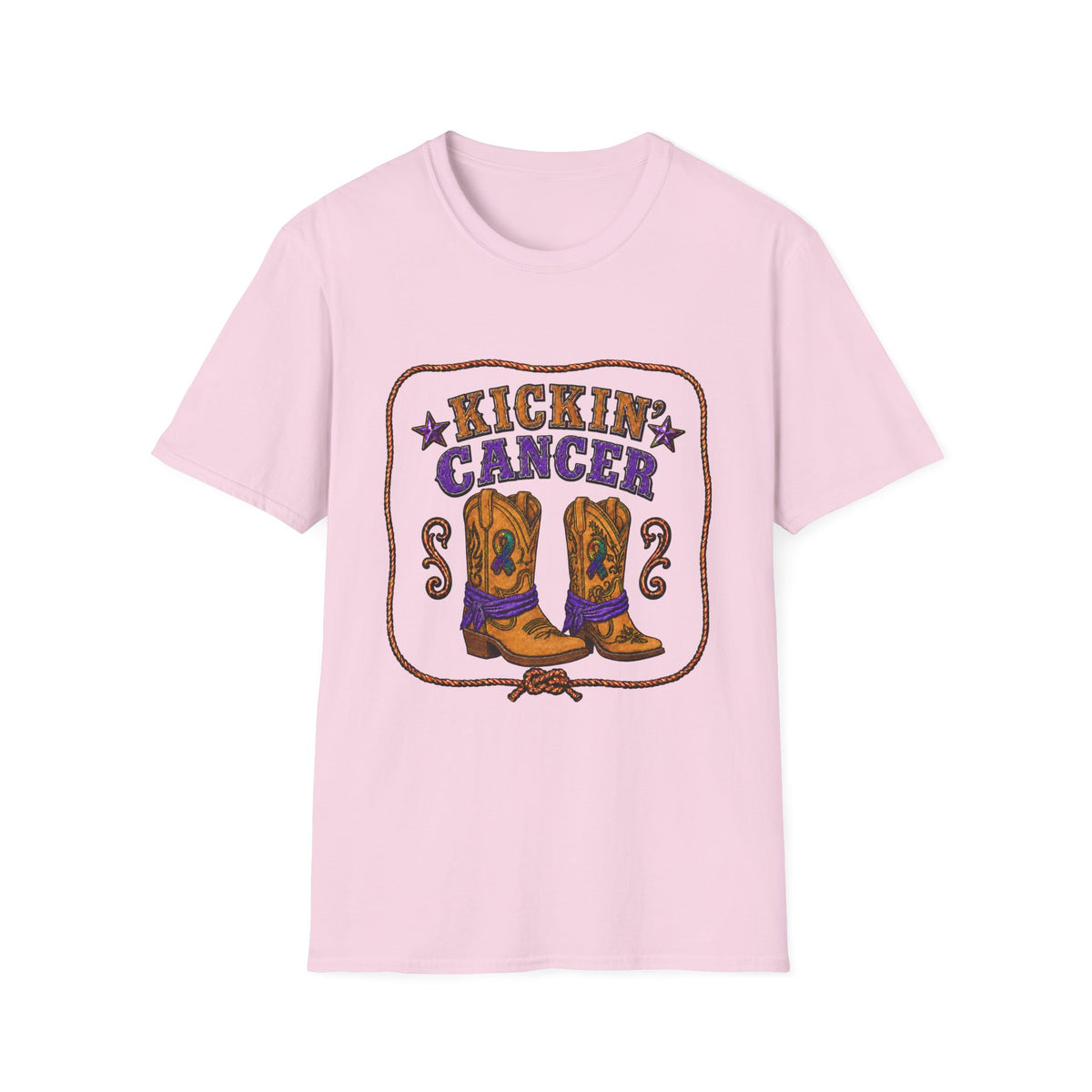 Pink Kickin' Cancer T-shirt featuring purple Western lettering and cowboy boots