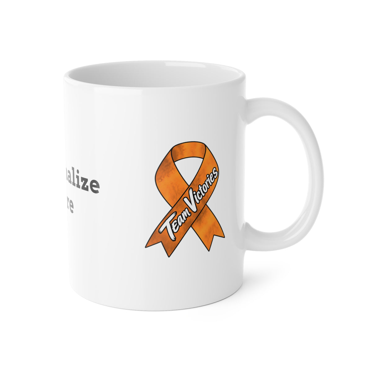 Moooove Over Cancer mug showing Team Victories orange ribbon artwork