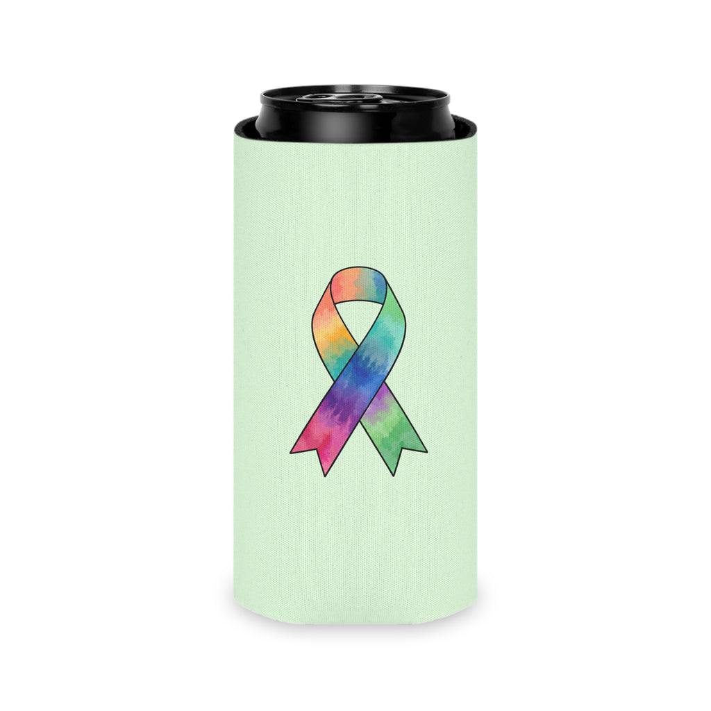 Kickin’ Cancer light green slim can cooler with multicolored awareness-ribbon artwork on the back.