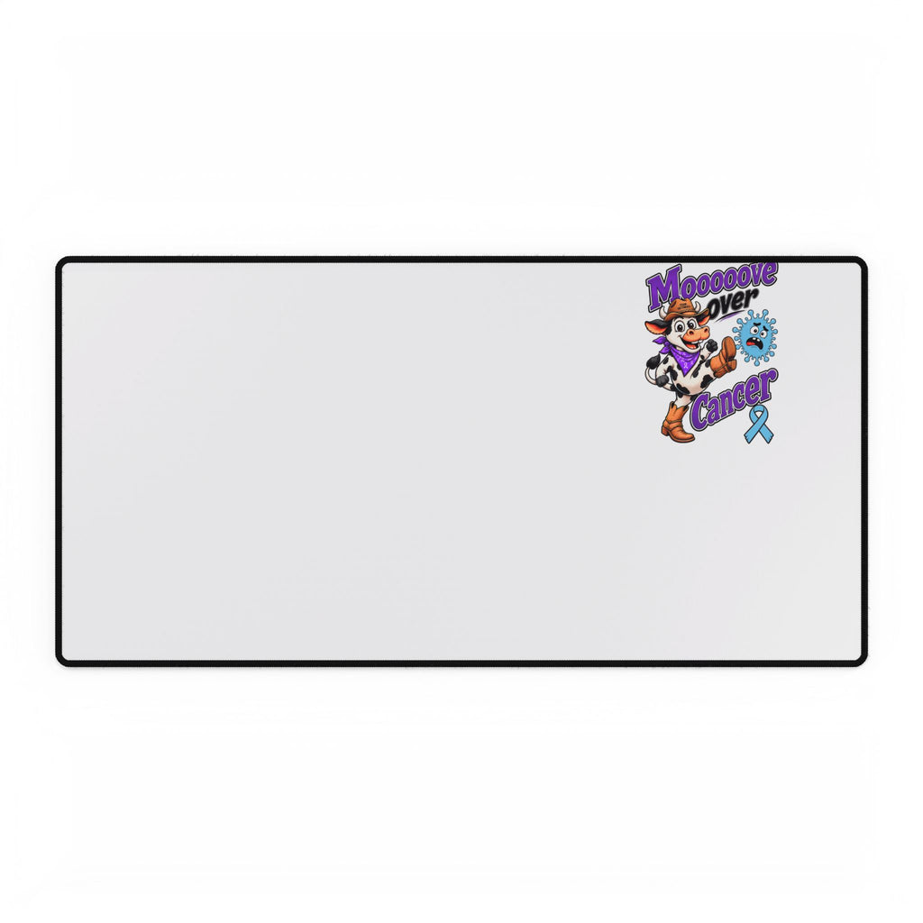 Wide Moooove Over Cancer desk mat with colorful awareness artwork and blue ribbon