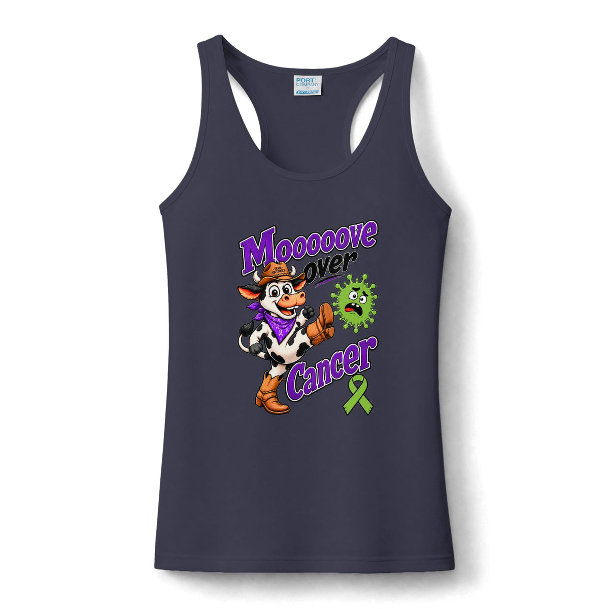 Moooove Over Cancer tank top in navy with Non-Hodgkin/Lymphoma Cancer awareness ribbon