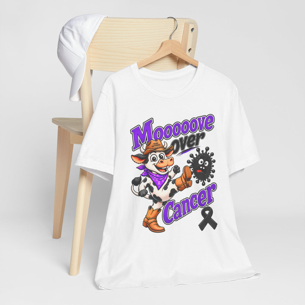 Back view of the white Moooove Over Cancer crew-neck T-shirt