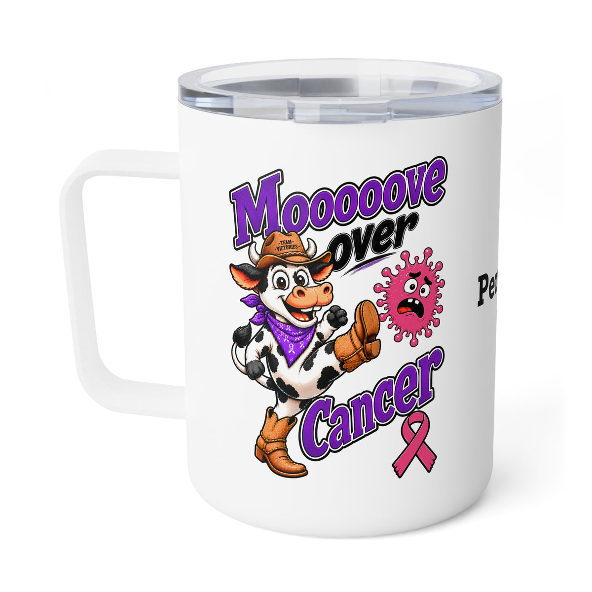 Moooove Over Cancer mug with cowboy cow artwork, pink ribbon, clear lid, and Team Victories design