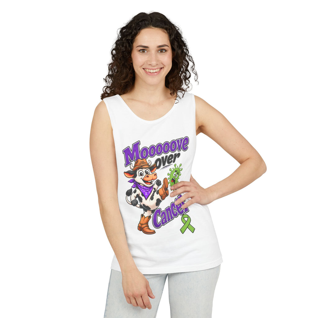 Man modeling white Moooove Over Cancer tank top with cow artwork