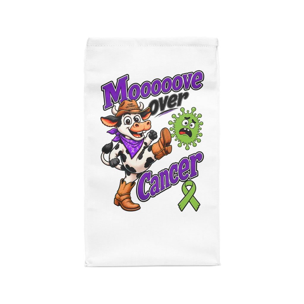 Moooove Over Cancer lunch bag with colorful cowgirl artwork and green awareness ribbon