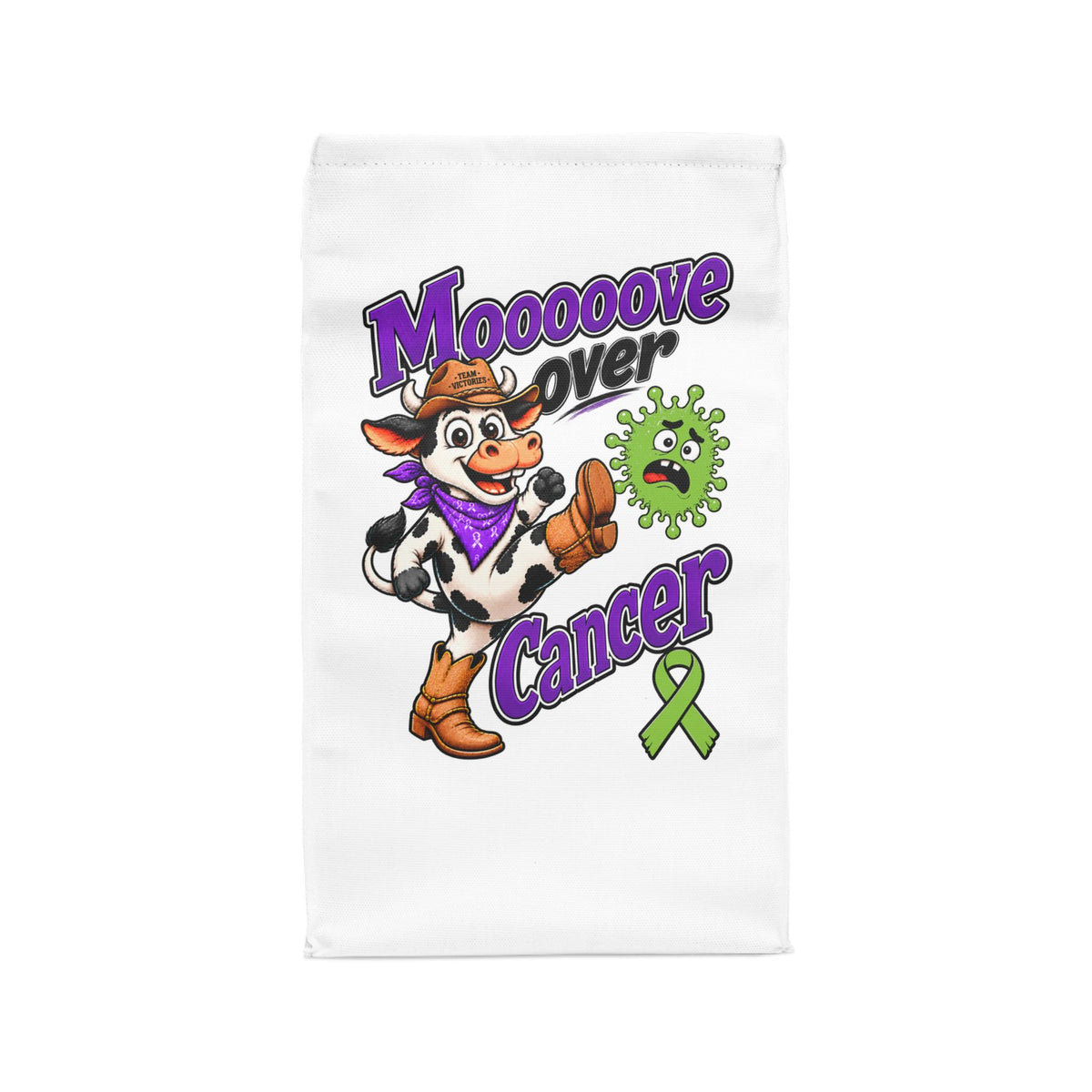 Moooove Over Cancer lunch bag with colorful cowgirl artwork and green awareness ribbon