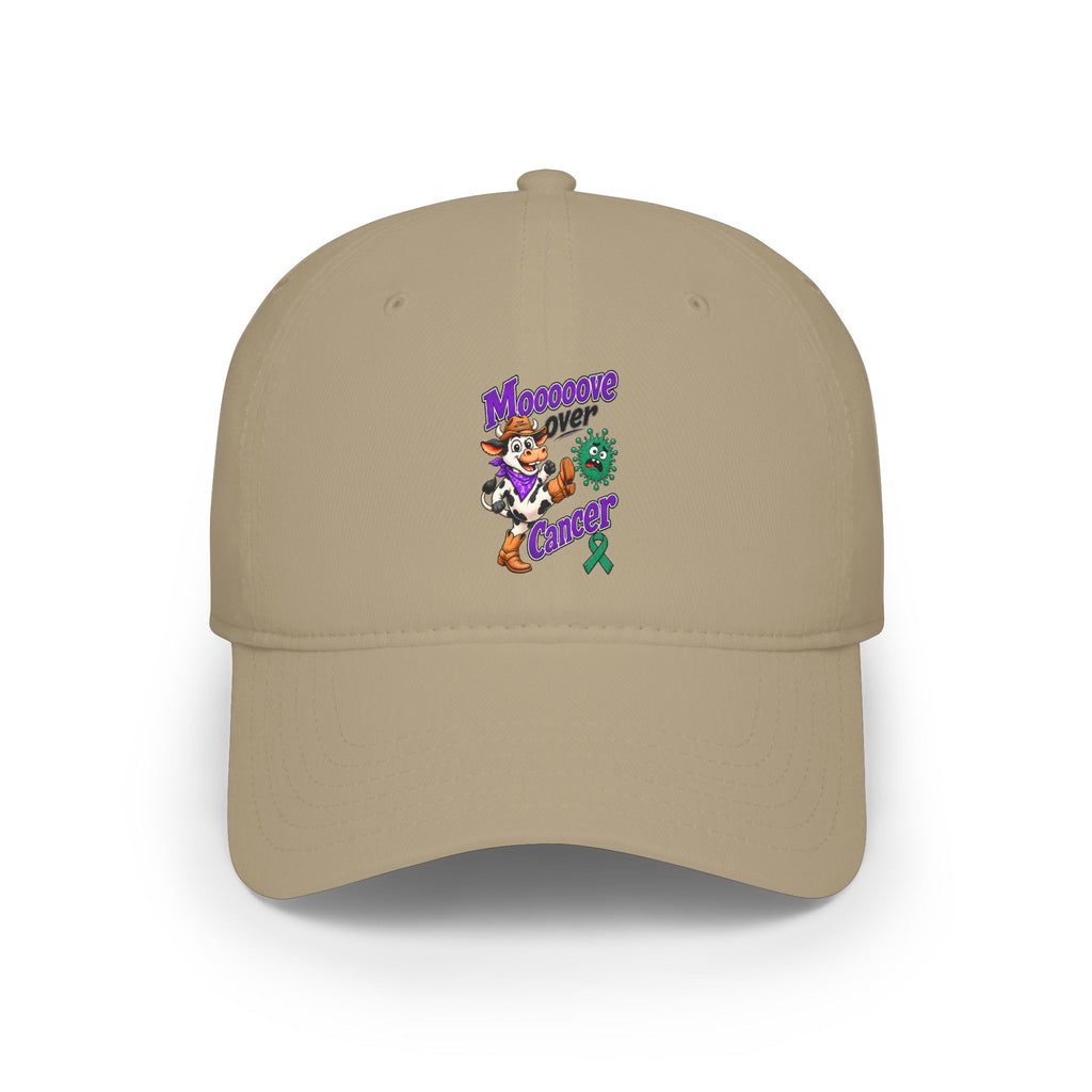 Tan Moooove Over Cancer low-profile baseball hat with colorful artwork and green awareness ribbon