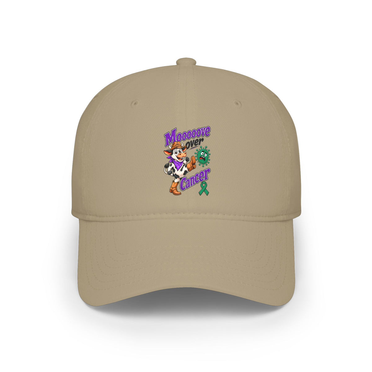 Tan Moooove Over Cancer low-profile baseball hat with colorful artwork and green awareness ribbon