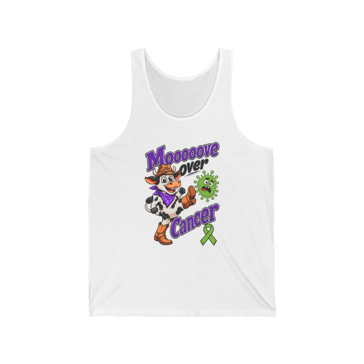 White Moooove Over Cancer tank top with cow-inspired design and Non-Hodgkin/Lymphoma Cancer awareness ribbon