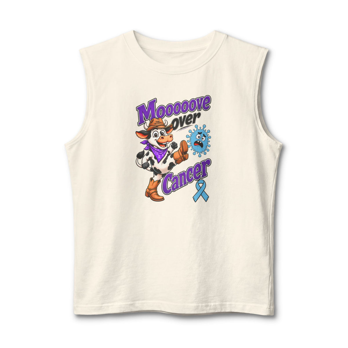 Moooove Over Cancer tank top with Prostate Cancer awareness ribbon on cream
