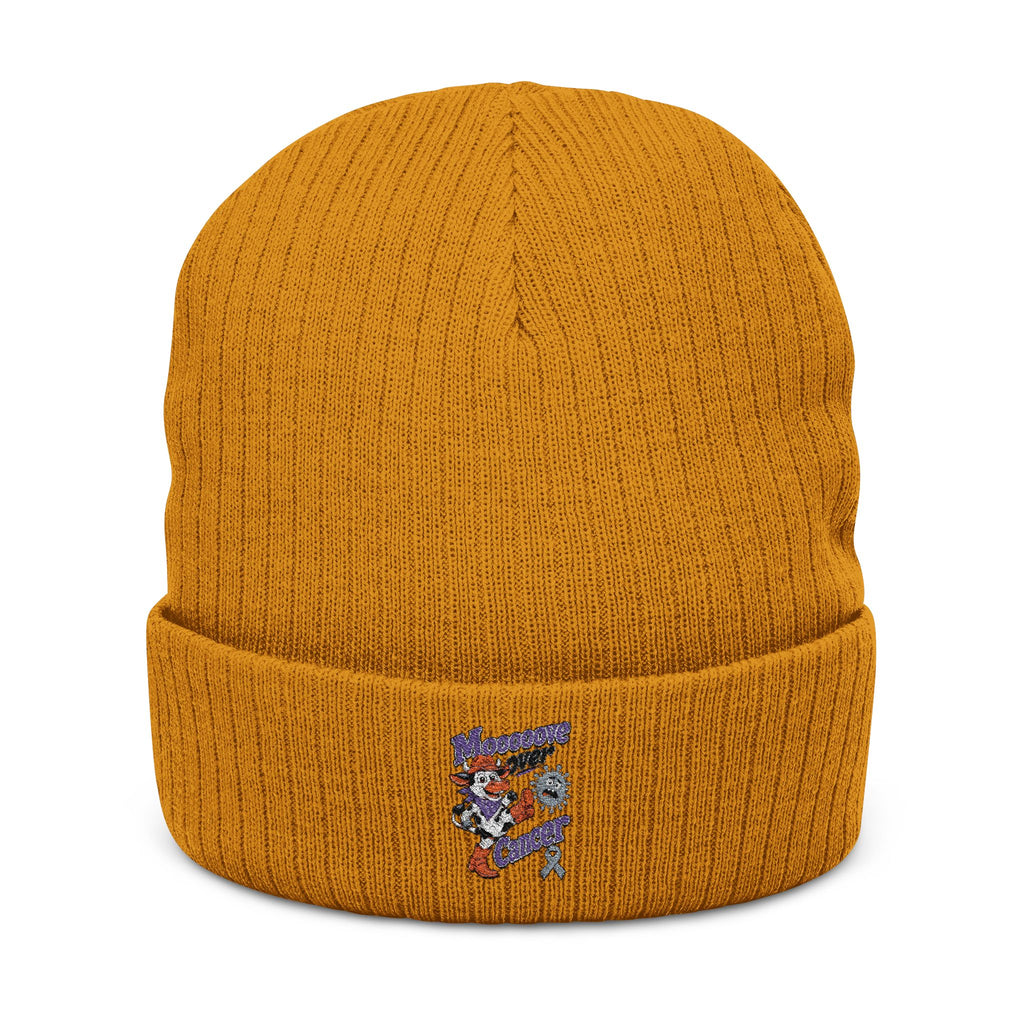 Orange Moooove Over Cancer embroidered ribbed beanie with colorful cow artwork