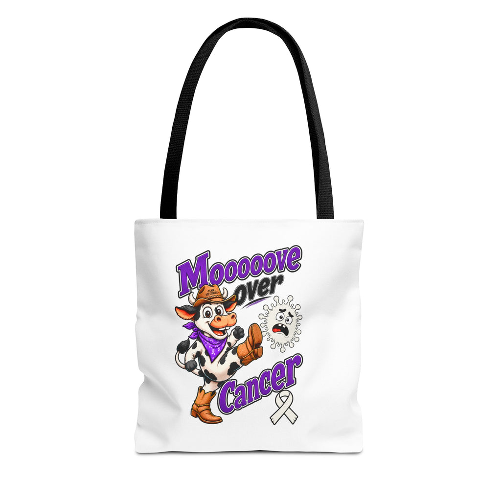 Moooove Over Cancer polyester tote with Lung Cancer awareness ribbon and cow artwork