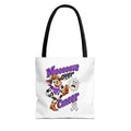 Moooove Over Cancer polyester tote with Lung Cancer awareness ribbon and cow artwork