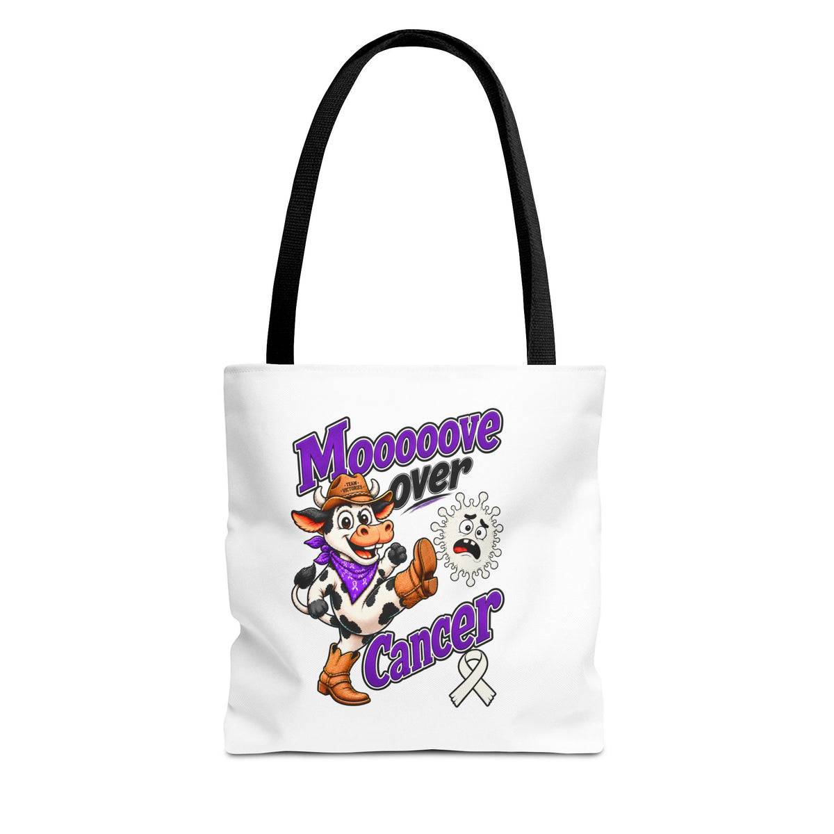 Moooove Over Cancer polyester tote with Lung Cancer awareness ribbon and cow artwork