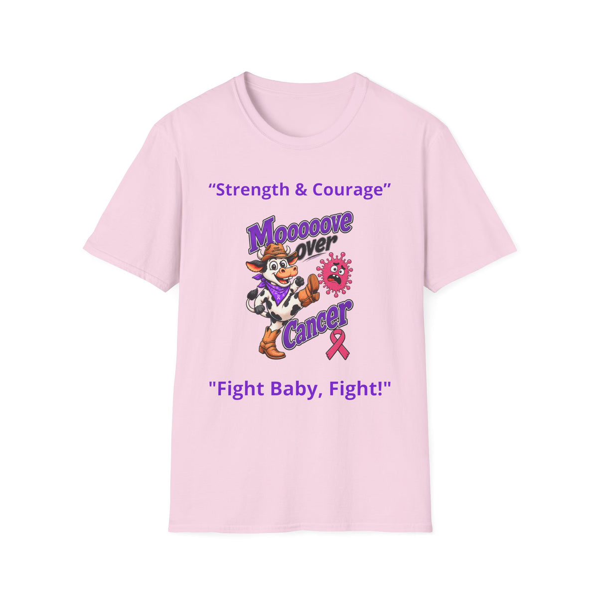 Moooove Over Cancer pink T-shirt with cow graphic and pink Breast Cancer awareness ribbon