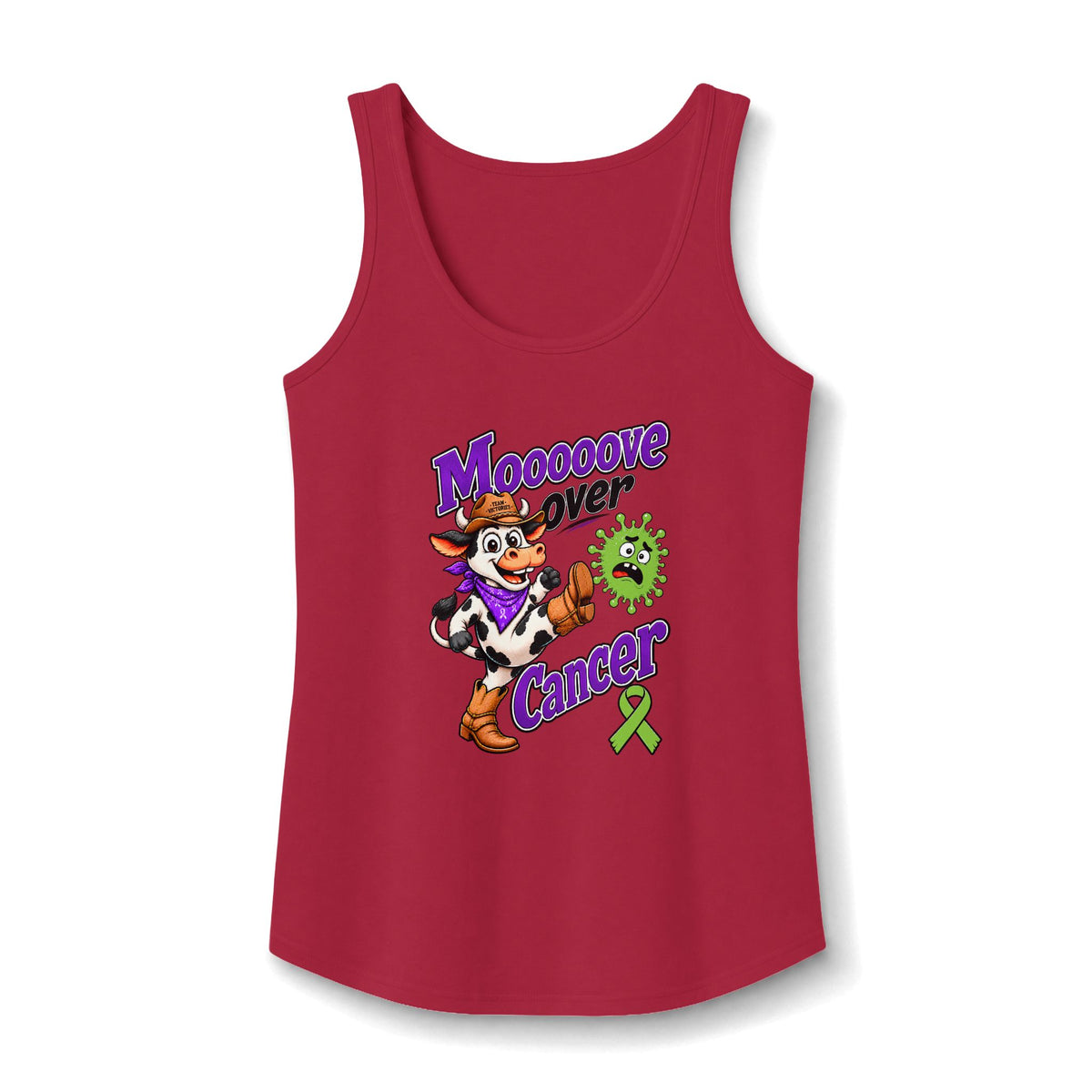 Moooove Over Cancer tank top in red with cow graphic and lime Non-Hodgkin/Lymphoma Cancer awareness ribbon