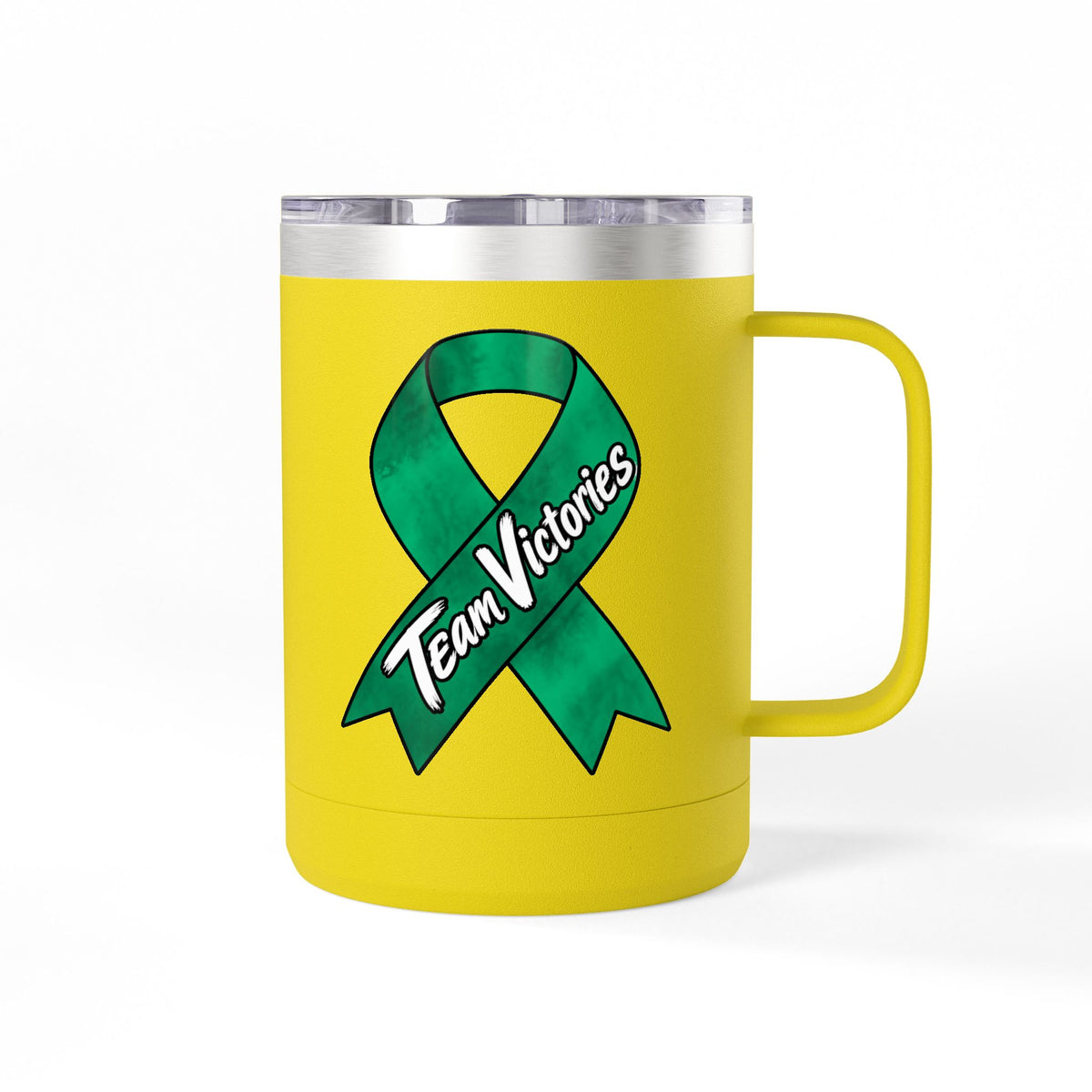 Yellow Team Victories insulated mug with green Liver Cancer awareness ribbon