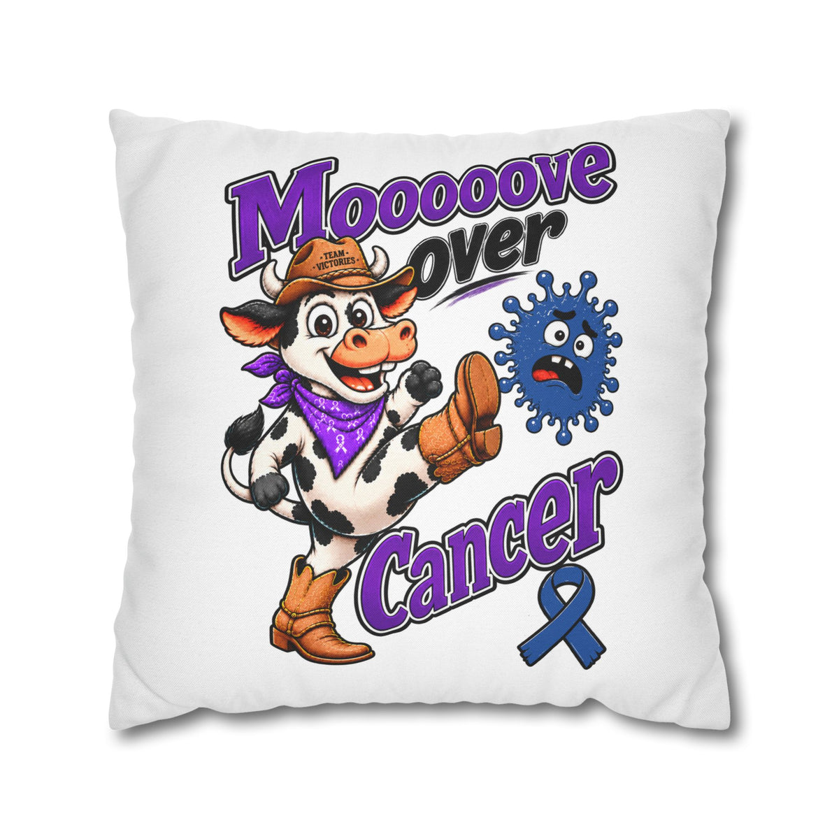 Moooove Over Cancer pillow cover featuring a cow, bold lettering, and Colon Cancer awareness ribbon