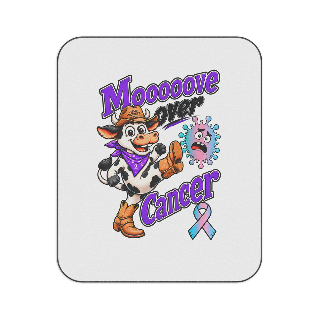 Moooove Over Cancer picnic blanket featuring a cowgirl, colorful awareness ribbon, and playful design
