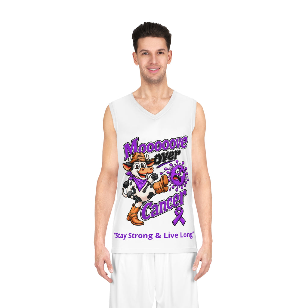 Front view of a model wearing the personalized Moooove Over Cancer basketball jersey
