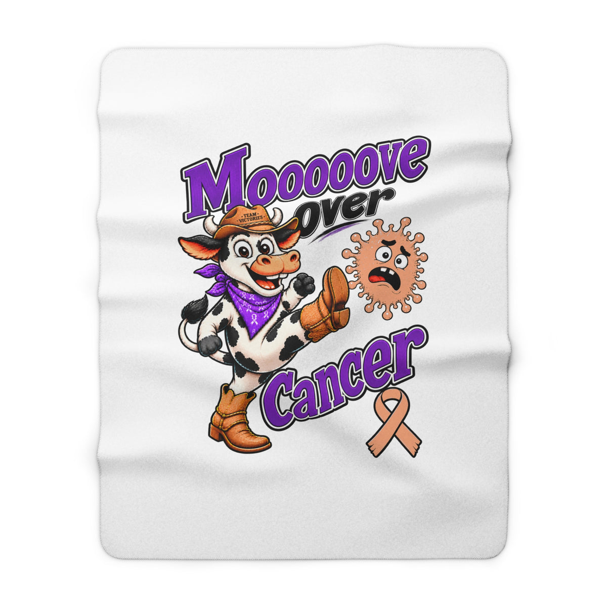 Moooove Over Cancer blanket featuring a playful cowgirl cow and Uterine Cancer awareness ribbon