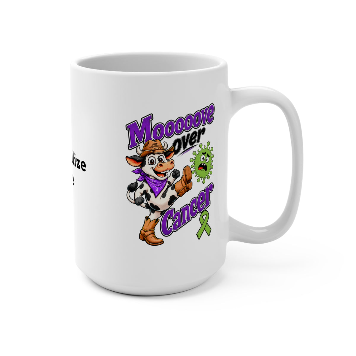 Moooove Over Cancer mug with cow design and Non-Hodgkin/Lymphoma Cancer awareness ribbon