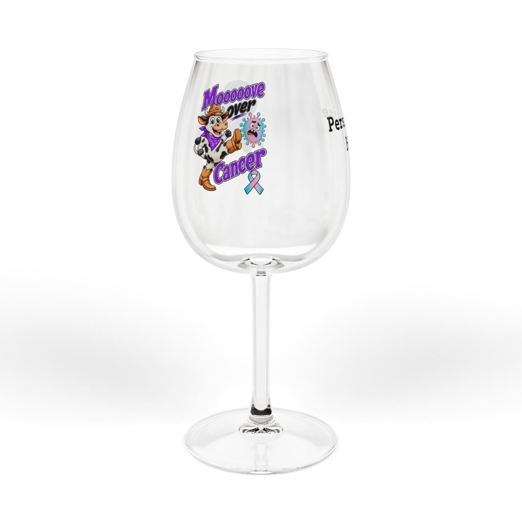Moooove Over Cancer personalized wine glass with colorful Team Victories artwork