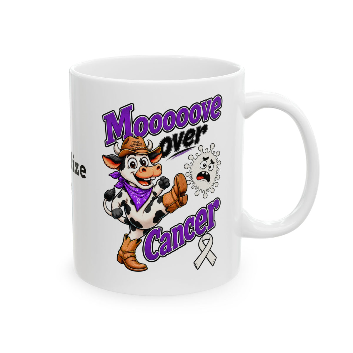 Moooove Over Cancer ceramic mug with cow artwork and Lung Cancer awareness ribbon