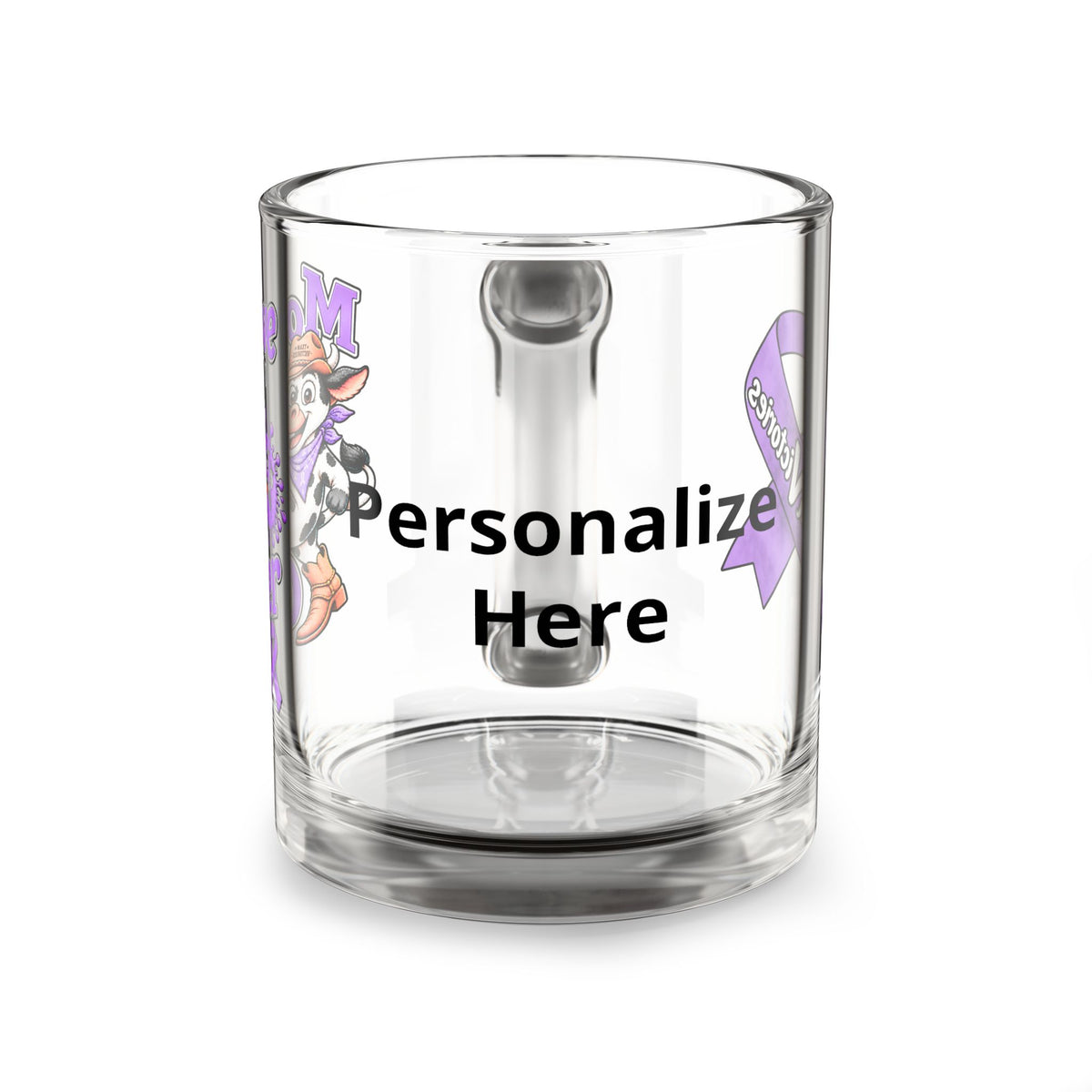 Personalized Moooove Over Cancer glass mug shown from the back with ribbon artwork