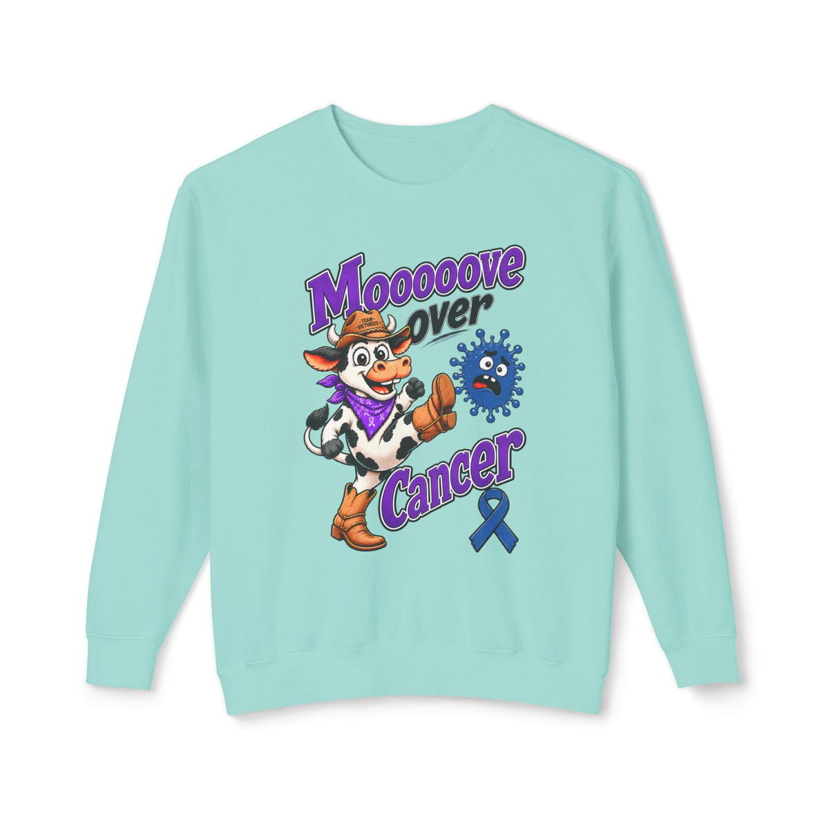 Moooove Over Cancer crewneck sweatshirt with Colon Cancer awareness ribbon in turquoise