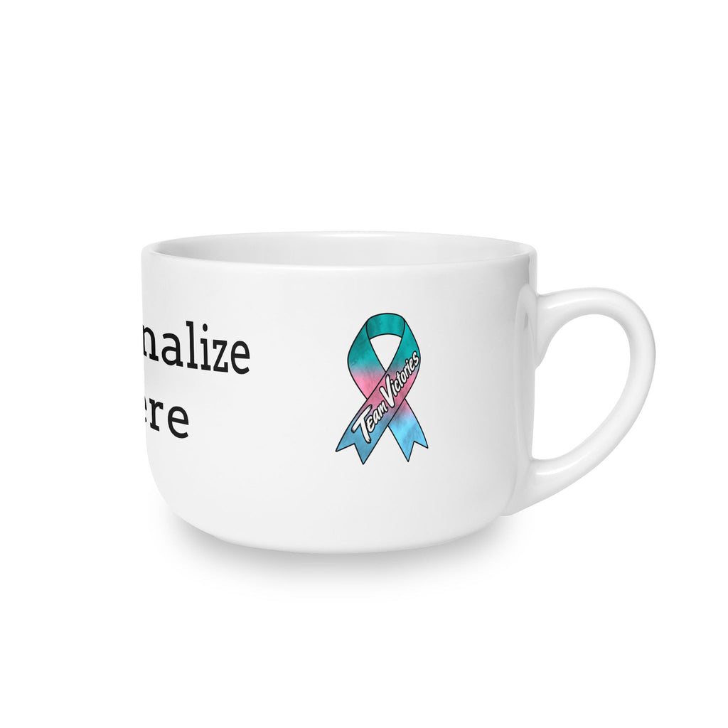 Side view of personalized latte mug with Thyroid Cancer awareness ribbon design