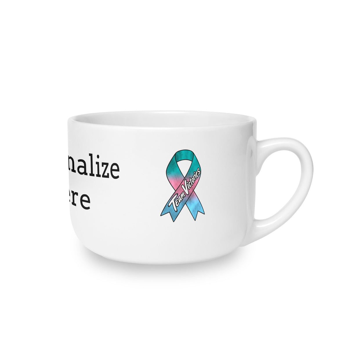 Side view of personalized latte mug with Thyroid Cancer awareness ribbon design