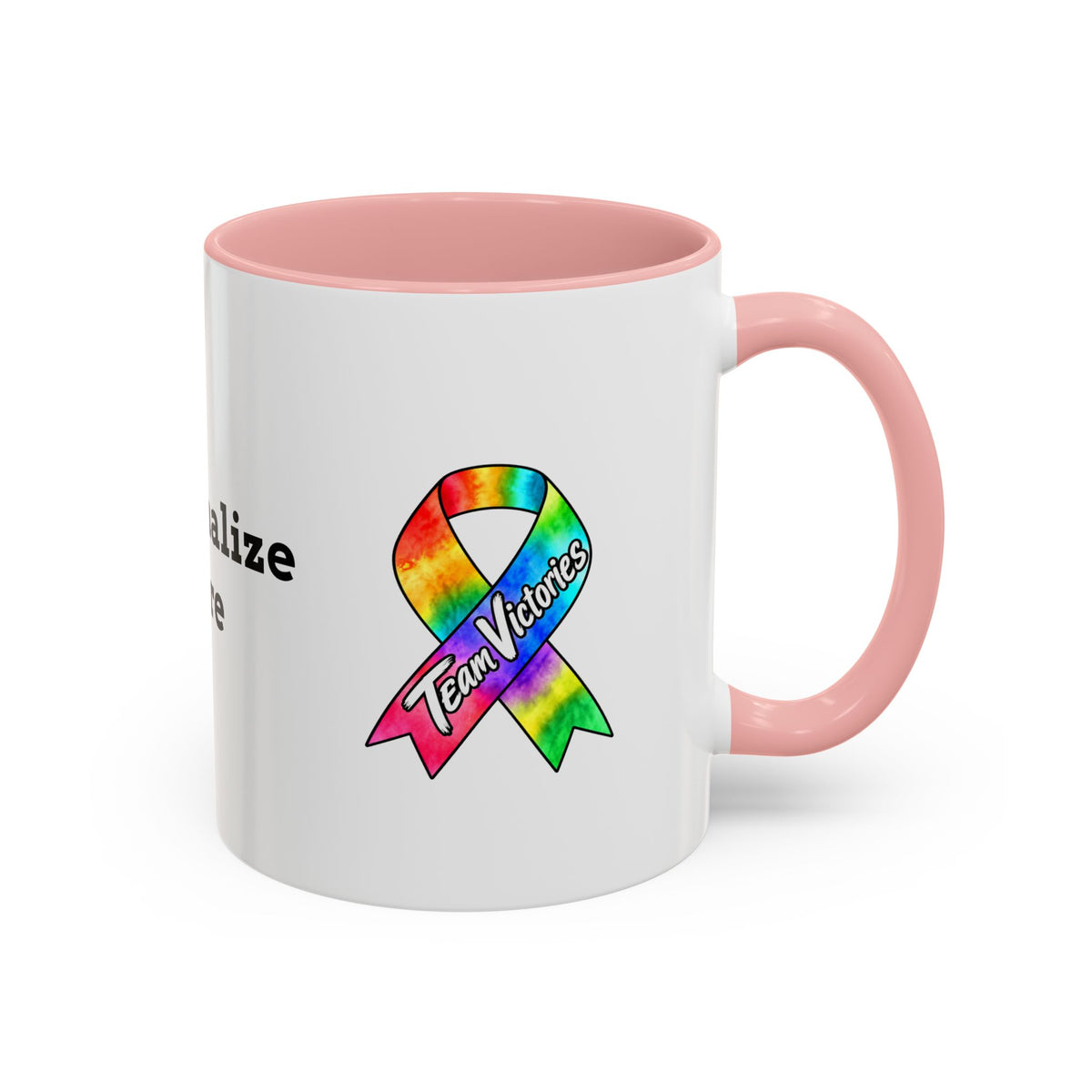 Personalized Moooove Over Cancer mug with pink accents beside coffee and a spoon