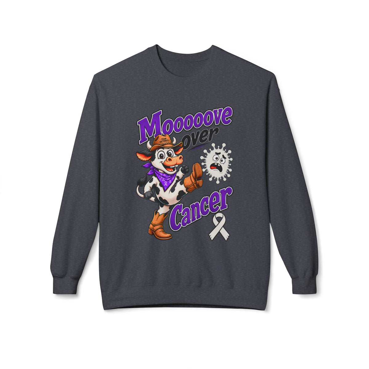 Gray Moooove Over Cancer sweatshirt with western cow graphic and Lung Cancer awareness ribbon