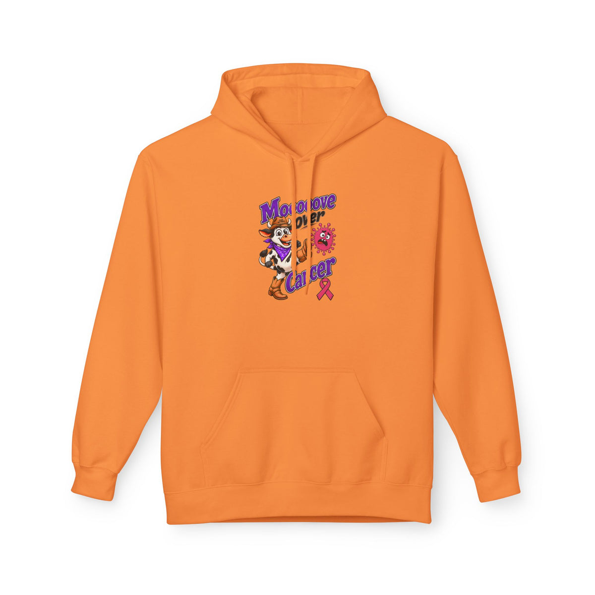Orange Moooove Over Cancer hoodie with cow-themed Breast Cancer awareness artwork