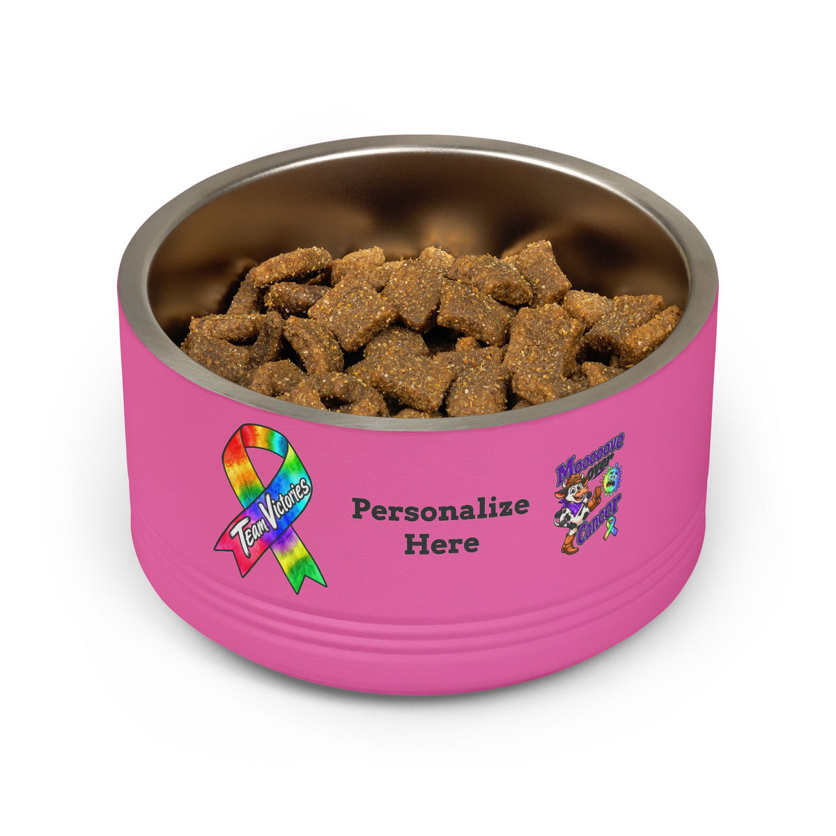Moooove Over Cancer pink pet bowl filled with food and all-cancer awareness ribbon design