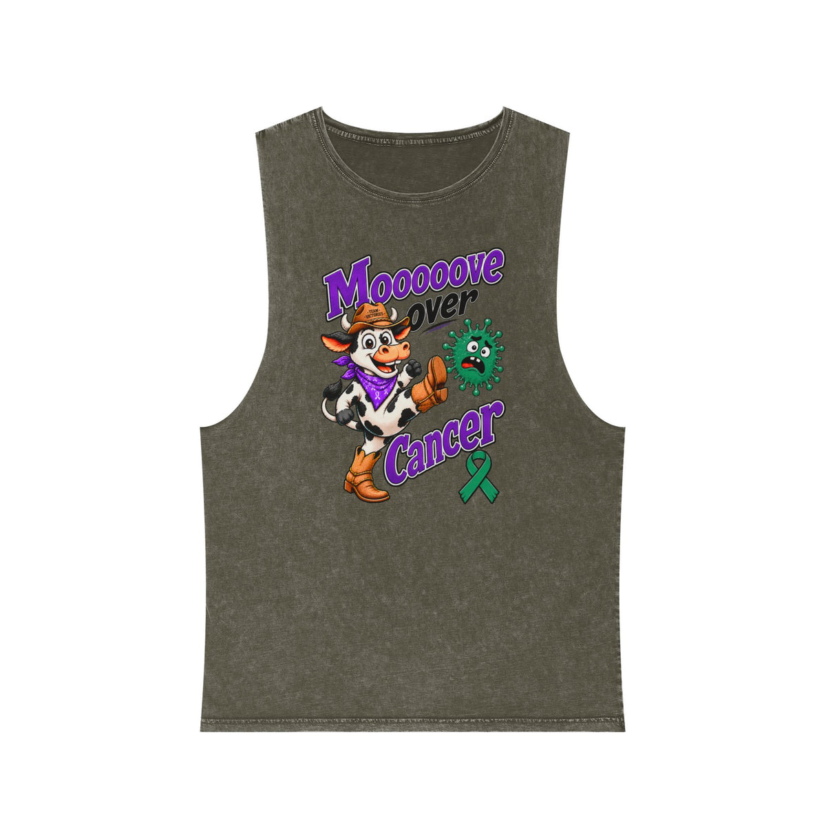 Moooove Over Cancer tank top in olive with green Liver Cancer awareness ribbon