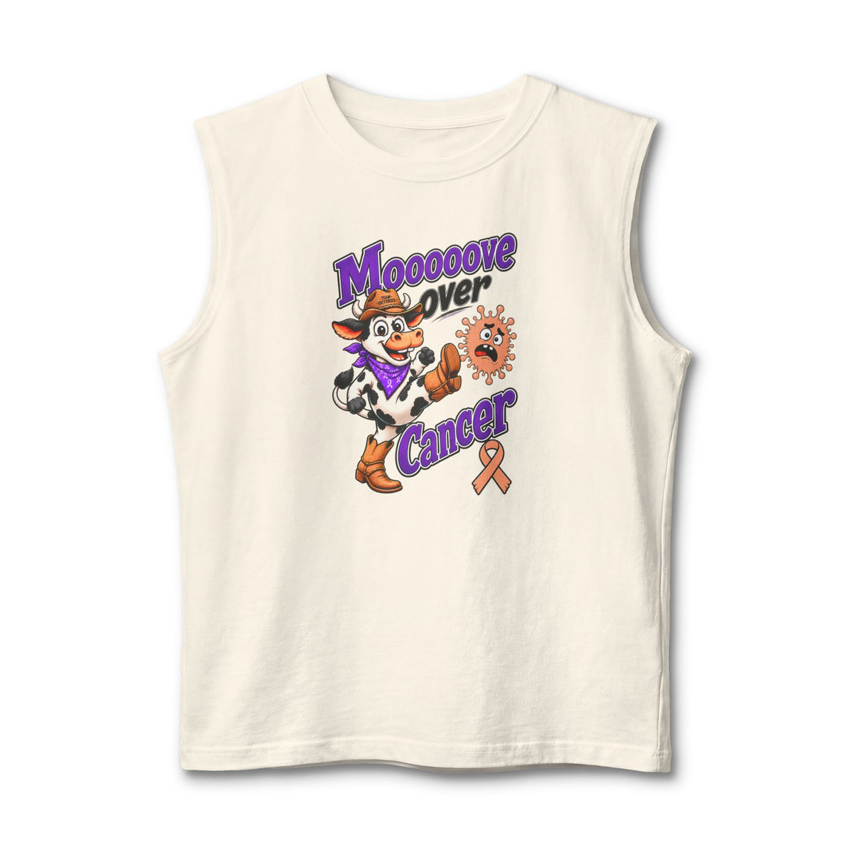 Cream Moooove Over Cancer tank top featuring a cowgirl and Uterine Cancer awareness ribbon