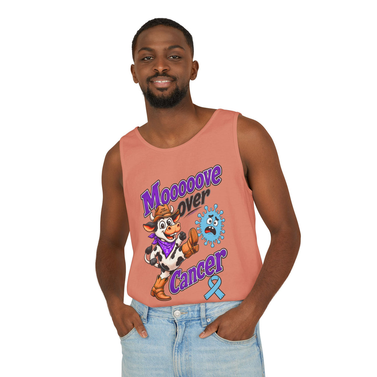 Woman modeling a bright coral Moooove Over Cancer tank top with cow graphic